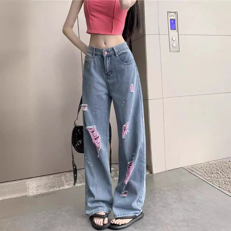 Jeans Women Ripped Niche Design 2025 Summer New High-waisted Slimming Loose Casual Straight Wide-leg Pants